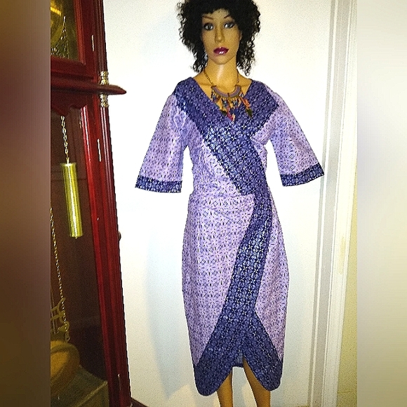 AUTH NIGERIAN M/ L BESPOKE PURPLE BLUE LAVENDER METALLIC  FAUX WRAP MIDI DRESS - Picture 1 of 10